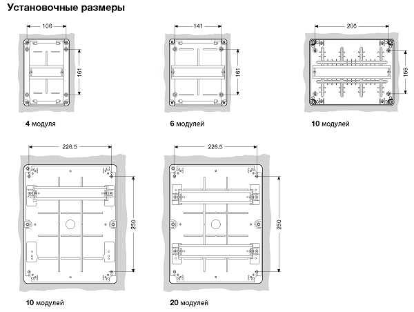 Габаритные размеры  Распределительные шкафы для настенного монтажа IP55 серия Europa